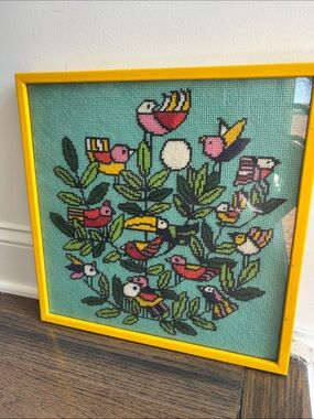 Vintage needlepoint “Birds of Paradise”, teal background, framed, 14.75x14.75”